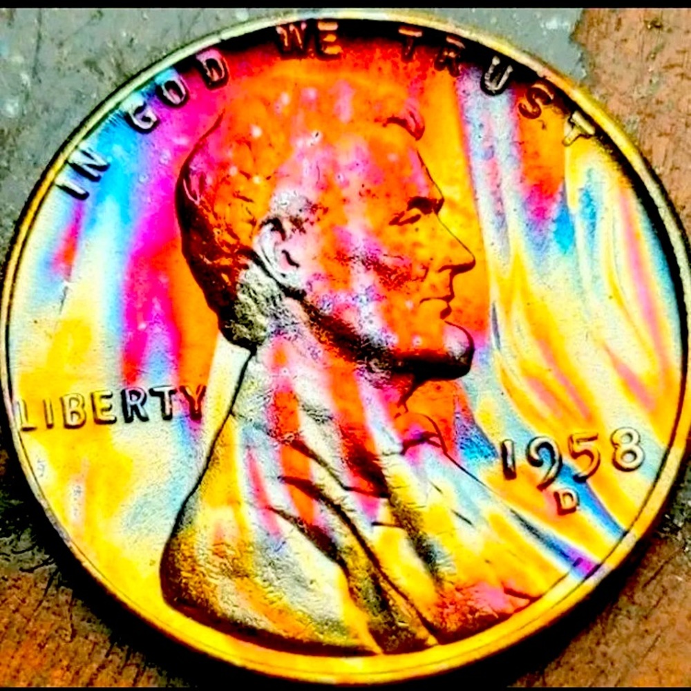 1958-D Brilliant Uncirculated Rainbow Toned Collectible Vintage Wheat Cent!